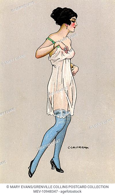 Italian lady posing in a rather skimpy and decidely see-through nightgown, with pale blue stockinggs and balck high-heeled shoes