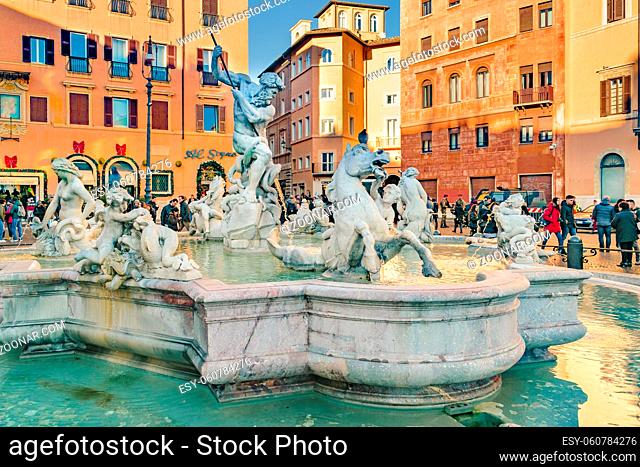 ROME, ITALY, DECEMBER - 2017 - Neptune fountain at piazza navona, the most famous square of Rome city, Italy