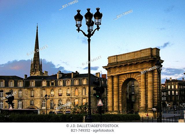 France. Gironde. Bordeaux. Saint Michel church tower and 'Porte de Bourgogne'