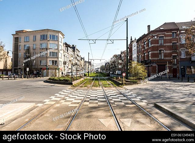 Anderlecht, Brussels Capital Region - Belgium Empty platform and tracks of the local Broustin lightrail tramway