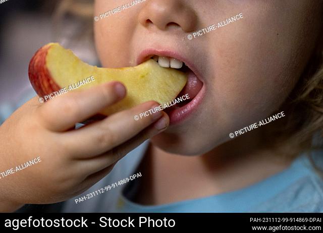 ILLUSTRATION - 08 November 2023, Saxony, Leipzig: A child eats a piece of apple from a plate of snacks. Bored children eat more - much more, as a study shows