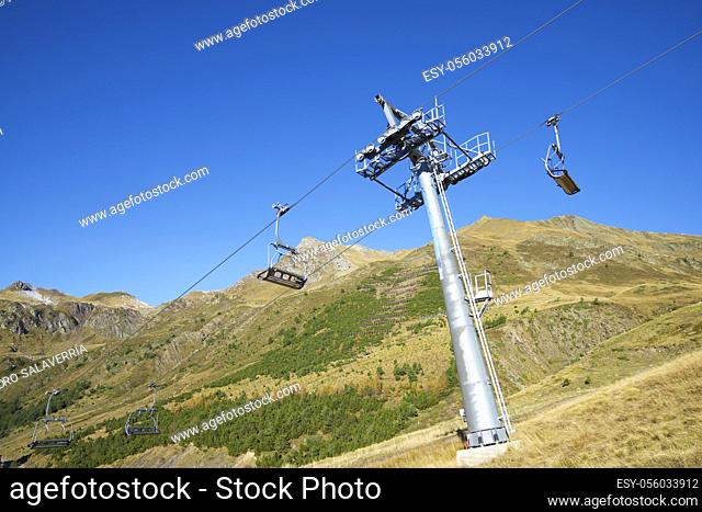 Chairlift at the Astun ski station, Pyrenees, Huesca province, Aragon in Spain