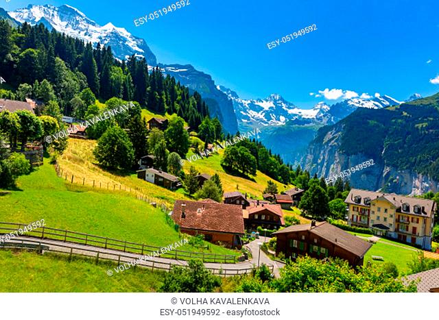 Wonderful mountain car-free village Wengen, Bernese Oberland, Switzerland. The Jungfrau is visible in the background