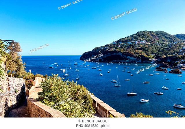 View of the port of Forio from the Aragonese castle of Ischia, Gulf of Naples, Campania region, Italy