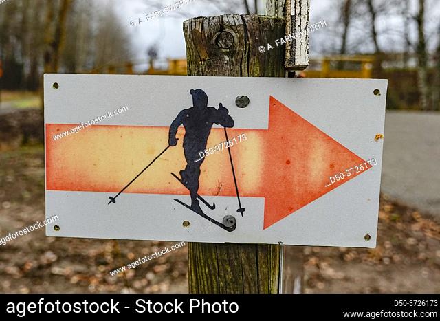 Stockholm, Sweden A sign in a park area showing a path for cross country skiing