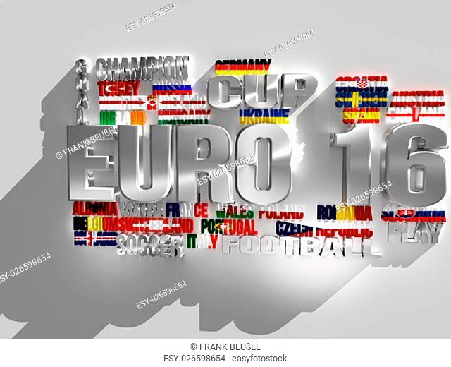 Alle Teilnehmer der EM 16 in 3D mit Nationalflagge und Schatten dazu Wörter Euro 16, Champion, Cup, Win, Goal, Football, Soccer an Play in 3D und Silber