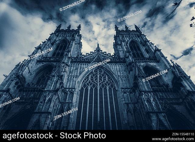 YORK, ENGLAND, DECEMBER 12, 2018: magnificent York Minster Cathedral seen from the below
