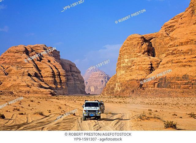 Desert safari in four wheel drive vehicles at Wadi Rum, Jordan