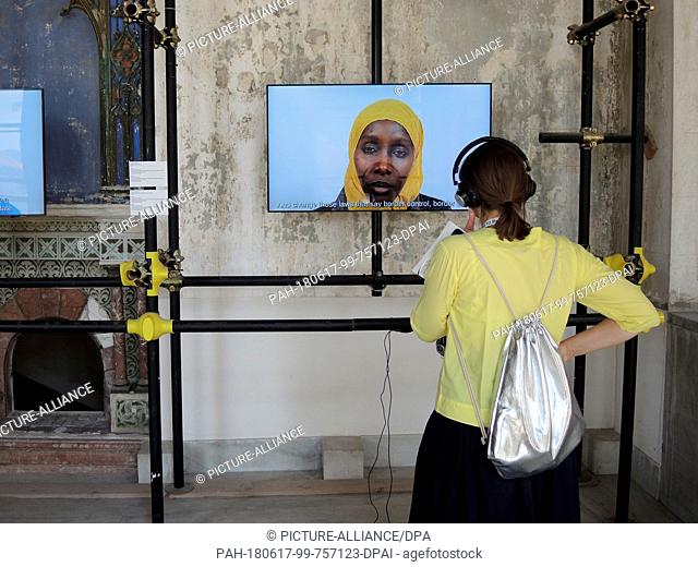 16 June 2018, Palermo, Italy: Visitors look at an installation of the artist collective ""Peng!"" from Berlin shown at the Manifesta 12 at the Palazzo Forcella...