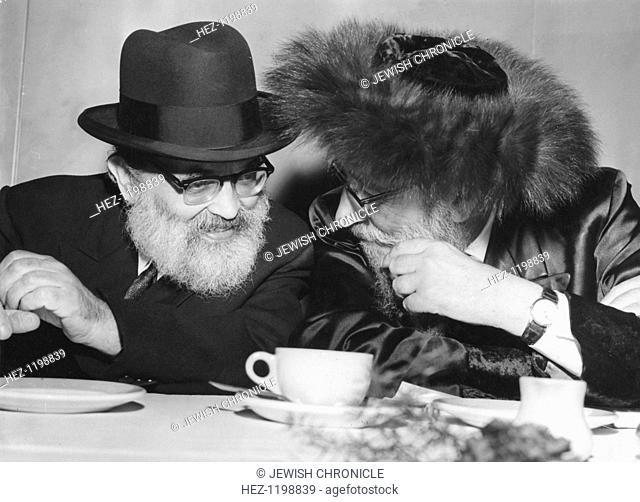 Agudist Rabbis, Jerusalem, 19 July 1963. Rabbi Jacob Kamenetzki from the United States, and Rabbi A Babad of Sunderland, talk together over a cup of tea