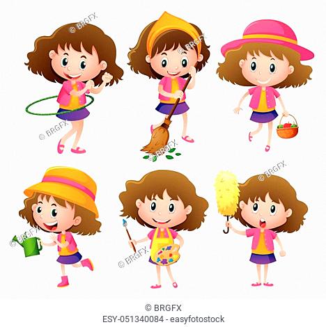 Girl doing six different activities illustration