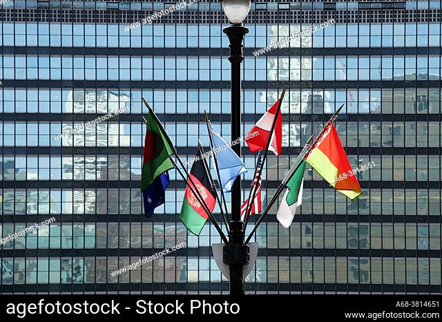 Flags in front of the UN headquarters in New York, USA