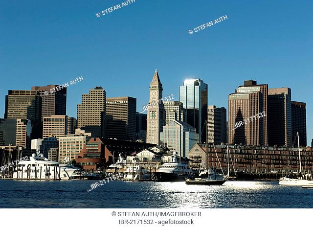 Skyline with Custom House Tower, Financial District, view from Boston Harbor, Boston, Massachusetts, New England, USA, North America, America