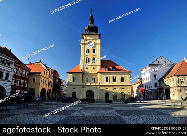Czech town of Zatec (on the photo of October 1st, 2020, Liberty Square with the town hall in Zatec), landscape of Zatec hops are part of World Cultural and...