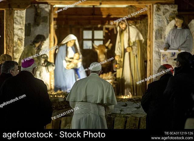Pope Francis during the visit of the crib in St. Peter Square after the celebration of Te Deum and First Vespers at St. Peter Basilica, Vatican City