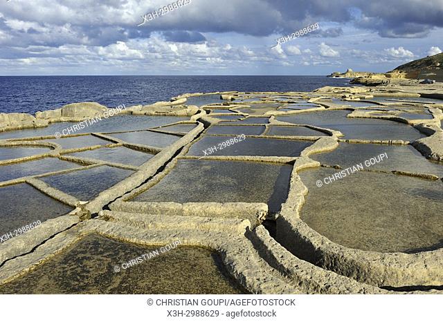 salt pans on the north coast of Gozo Island, Malta, Mediterranean Sea, Southern Europe