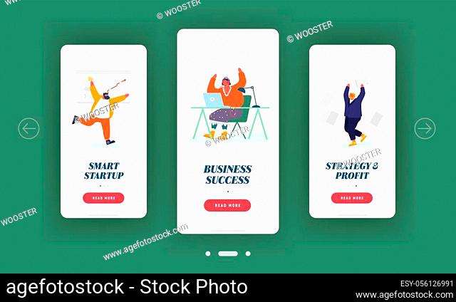 Business Success Mobile App Page Onboard Screen Set. Joyful People Dance and Throw Papers after Successful Deal or Contract Signing Concept for Website or Web...