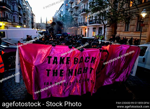 30 April 2023, Berlin: People take part in the leftist demonstration ""Take back the night."" in Berlin-Kreuzberg. During the demonstration of women on the...