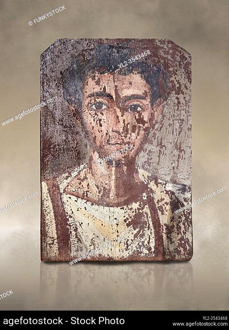 Egyptian Roman mummy portrait or Fayum mummy portrait painted panel of a man, Roman Period, 1st to 3rd cent AD, Egypt. Egyptian Museum, Turin.