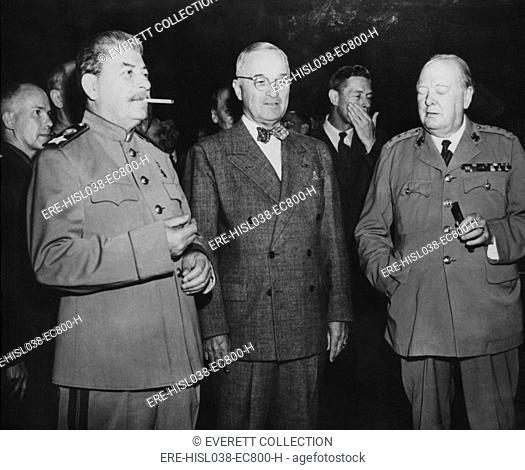 The 'Big Three' leaders of the Allies fighting against the Axis nations of World War 2. L-R: Joseph Stalin, Harry Truman, and Winston Churchill