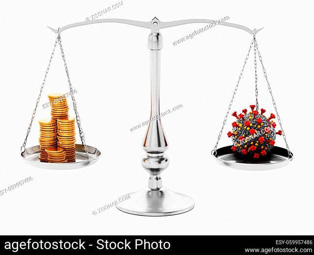 Coronavirus and gold coins standing on different sides of the balanced scale. 3D illustration