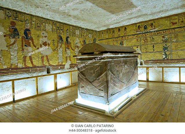 Luxor, Egypt, West valley: hieroglyphs and paintings in the tomb of Ay (KV23) XVIII° dyn. The main hall with the sarcophagus of the pharaoh