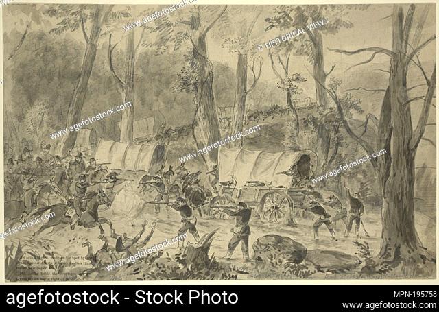 Attack of federal supply train by rebel cavalry on its way to Chattanooga, Oct. 3, 1862. Hillen, J. T. E. (Artist). Sketches for Frank Leslie's Illustrated...