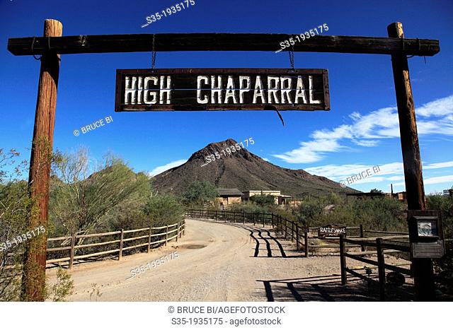 The entrance of the High Chaparral film set in Old Tucson Studios. Tucson. Arizona. USA