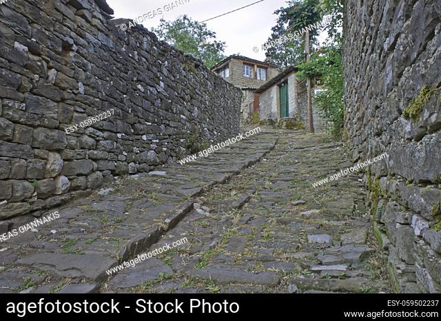Tsepelovo Epirus, Old stone village street view, Greece, Europe