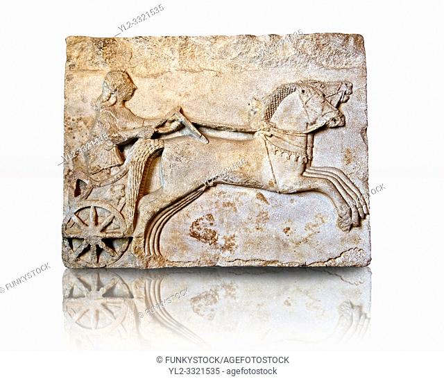 Late Greek Archaic relief sculpture in Proconnesian Marble of a charioteer ( Last quarter 6th Cent. B. C) From Cyzicus, ( Erdek formerly ArtÃ ke, Î‘Ï