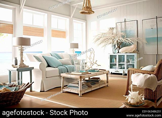 Coastal Living Room: Create a living room with a coastal - inspired design, using light colors, natural materials, and nautical decor. Generative AI