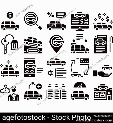 Car Dealership Shop Glyph Set Vector Thin Line. Car Dealership Agreement And Document, Auto Salon And Building, Key And Gps Mark Glyph Pictograms Black...