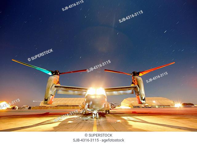 Nighttime view of a U.S. Marine Corps MV-22 Osprey at Camp Bastion, Helmand Province, southern Afghanistan