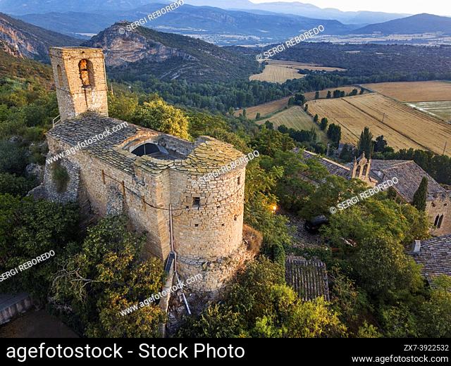 Aerial view of Village and Castle of Montsonis in Foradada, Lleida province, Catalonia Spain. . . The current complex, close to the ruins of the medieval...