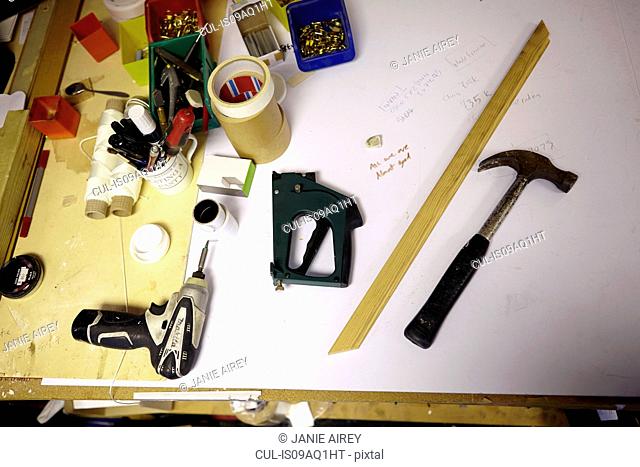 Still life of workbench in picture framers workshop