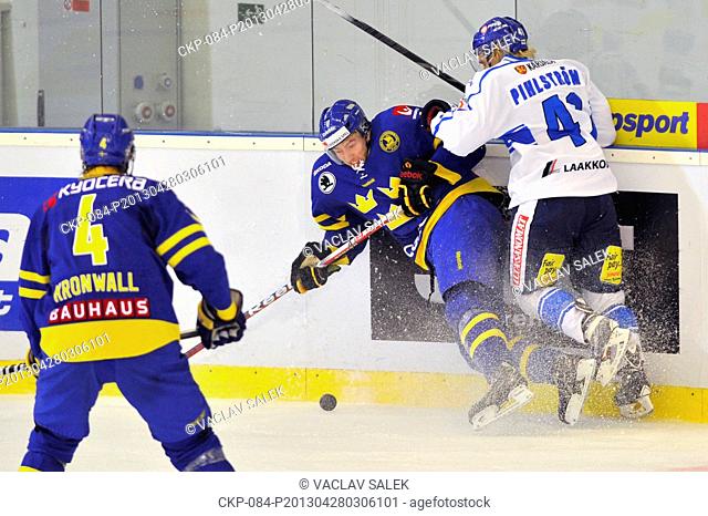 Left to right: Staffan Kronwall, Petter Granberg (both SWE) and Antti Pihlstrom (FIN) during the Euro Hockey Tour ice hockey match in Brno, Czech Republic