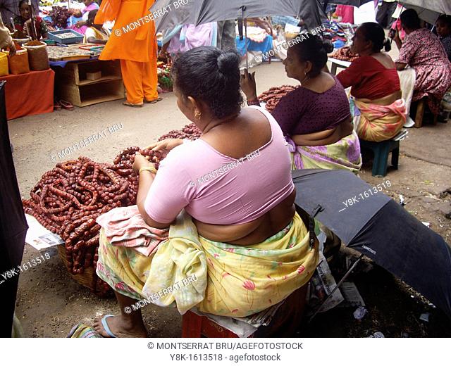 Chourisso saleswomen stalls at Mapusa market, Goa, India