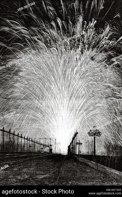 Fireworks display at the Trocadero 23 October 1893 Paris. France, Europe. Old 19th century engraved illustration from La Nature 1893