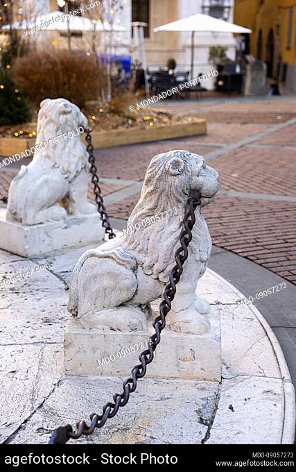 Detail of some statues depicting lions in the Contarini Fountain which stands in the center of Piazza Vecchia, in the heart of the Upper Town