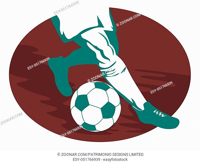 Illustration of soccer player foot kicking ball done in retro style