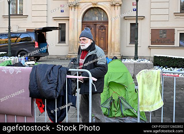 Former dissident Jiri Gruntorad packs supplies and equipment after he and activist and also former dissident John Bok ended their hunger strike in front of the...