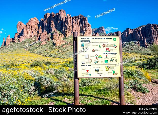 Tonto National Forest, AZ, USA - March 14, 2020: A notice for the hikers of the park