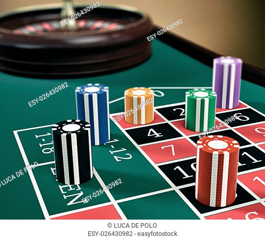 close up view of a roulette table with fiches (3d render)