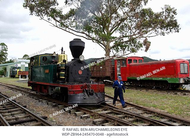 KAWAKAWA, NZ - JAN 11:Train driver prepares Gabriel steam engine on Jan 11 2014.Built in 1927 it's a fine example of a working steam engine and is the only one...