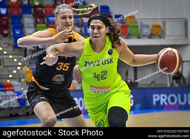 L-R Daugile Sarauskaite (Riga) and Brionna Jones (USK) in action during the women's basketball EuroLeague, group A, 13th round, ZVVZ USK Praha vs TTT Riga