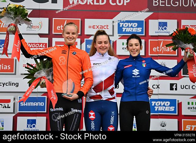 Dutch Bentveld Leonie, British Zoe Backstedt and Italian Corvi Valentina celebrates on the podium after the women junior race at the Cyclocross World Cup...