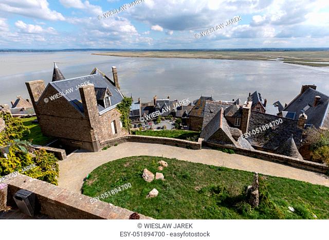 Le Mont-Saint-Michel, France - September 13, 2018: Ancient buildings of the old town on the famous Mont Saint Michel island in France