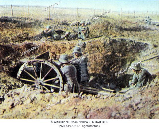 The contemporary colorized German propaganda photo shows German infantry canon positions on the Western Front during the German Spring Offensive (Fourth Battle...