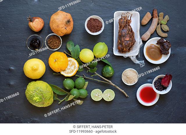 An arrangement of different sour spices and ingredients