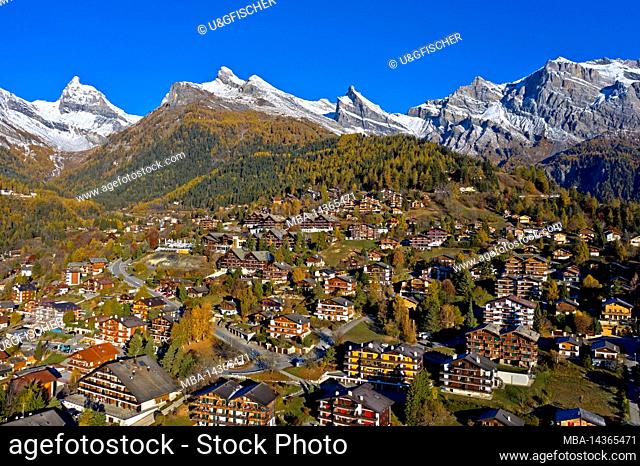 Autumn atmosphere in the vacation and health resort Ovronnaz, Valais, Switzerland